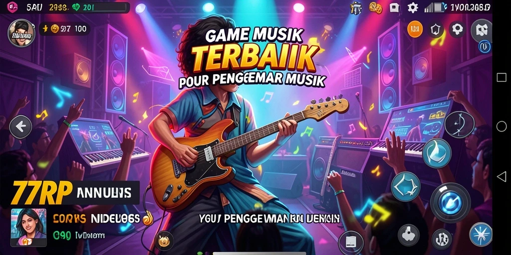 Screenshot gameplay 77RP menampilkan antarmuka menarik dan lagu-lagu seru.