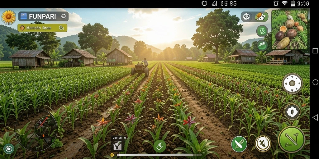Screenshot utama dari FUNPARI menunjukkan permainan pertanian yang seru dan interaktif.