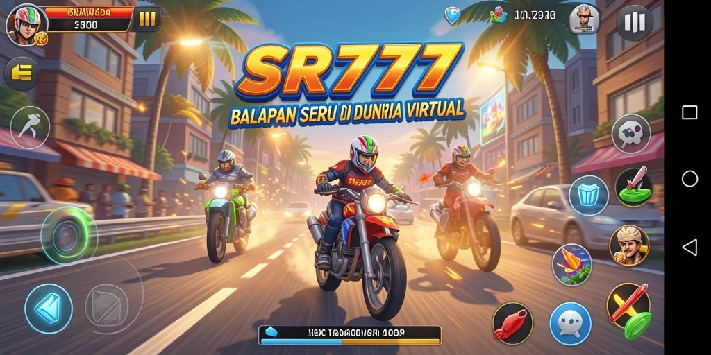 Screenshot menampilkan momen seru balap di SR777 dengan mobil cepat.